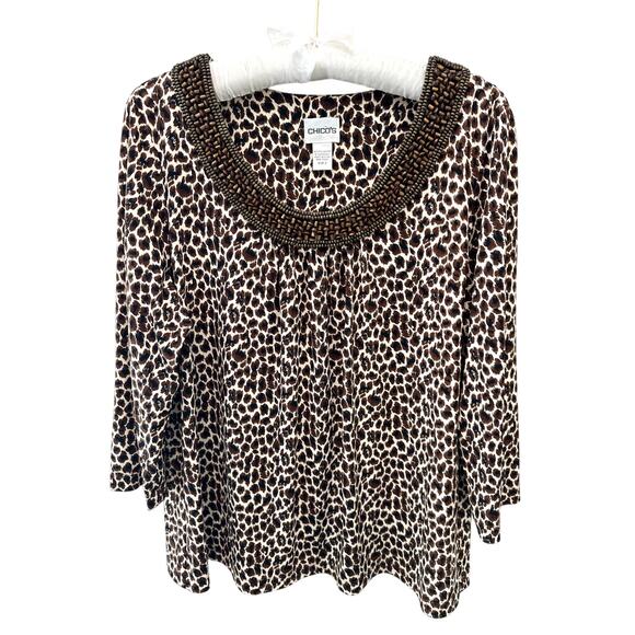 Chico's Tops - CHICO’S | Leopard Print Knit Top Beaded Scoop Neck 3/4 Sleeve | Size 2 Large